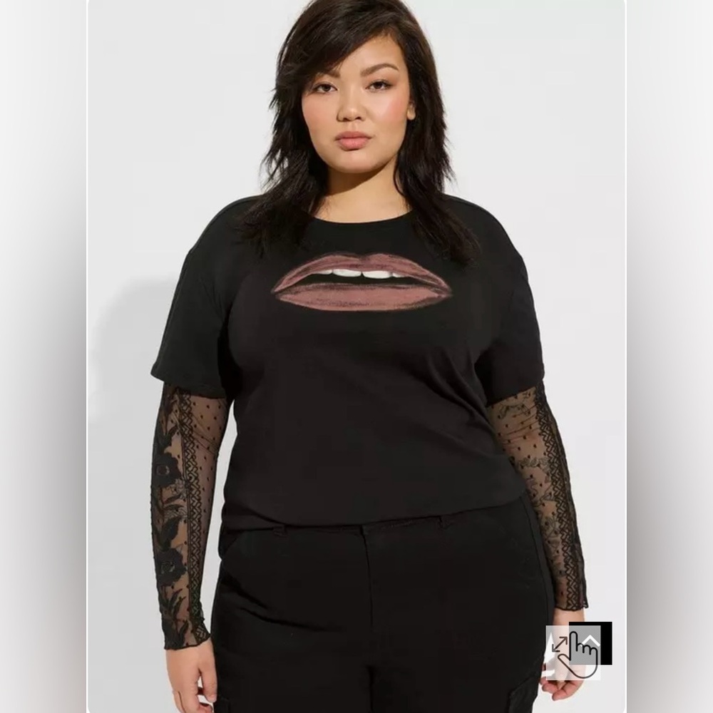 Torrid Black Tee with Lace Sleeves